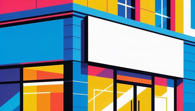 Vibrant colorblock retail storefront featuring blank sign and glass doors