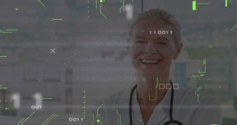Smiling Doctor with Digital Interface and Circuit Graphics