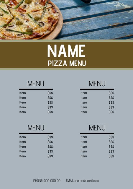 Ideal for Italian restaurants and casual dining establishments. Features space for menu items and prices with a modern, rustic design. Great for print or digital use, customizable for any pizza parlor or foodservice business. Can be used for restaurant flyers, takeout menus, and promotional materials.