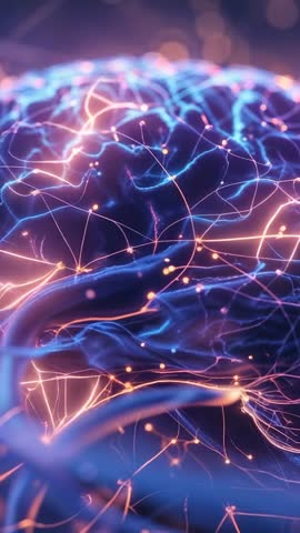 Vertical Tech Network: Pulsing Neural Nodes Cascading Orange Light Over Blue Filaments