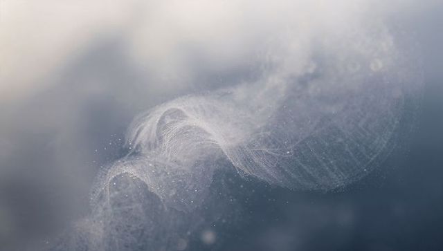 Drifting translucent gossamer plume with sparkling particles over soft blue gradient