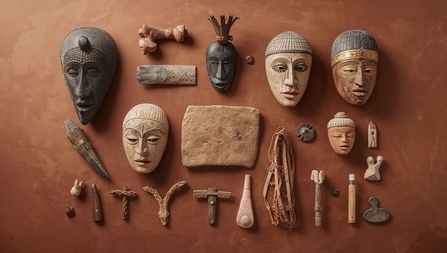Displaying flat-lay of carved tribal masks and ritual artifacts on reddish-brown tabletop