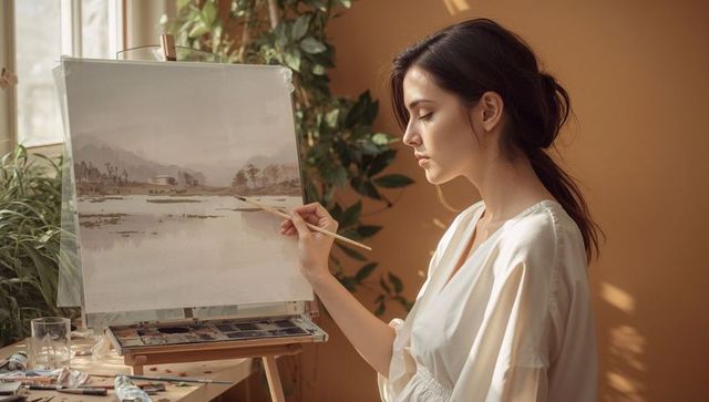 Young woman painting tranquil watercolor landscape on easel in sunlit minimalist studio