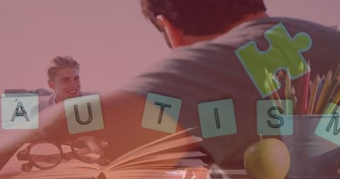 Autism Awareness Overlays on Summer Beach Gathering of Friends