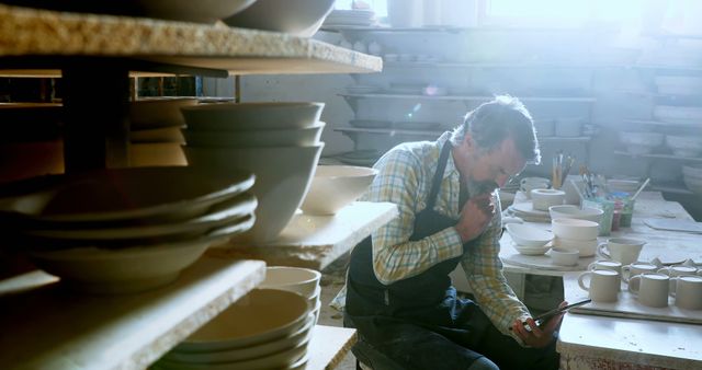 Focused Potter Working on Digital Tablet in Pottery Studio - Download Free Stock Images Pikwizard.com