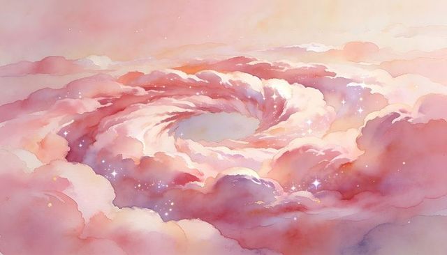 Forming pastel spiral cloud vortex with sparkling stars, dreamlike watercolor celestial