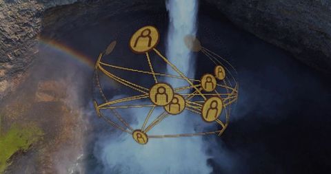 Hovering golden network globe above plunging waterfall with rainbow, mist and rugged cliffs