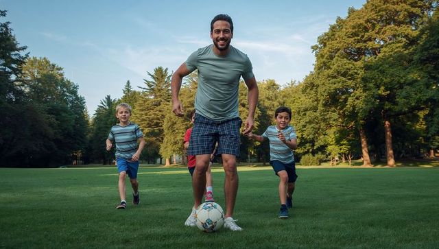 Young father dribbling soccer ball on park lawn while three children chase, family playing