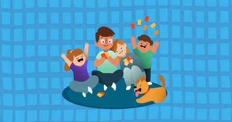 Family Playing Card Game with Dog on Blue Patterned Background