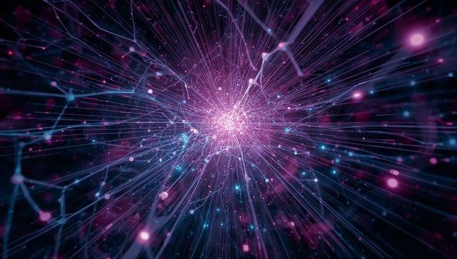 Radiant magenta neural network burst with glowing filaments and futuristic data flow