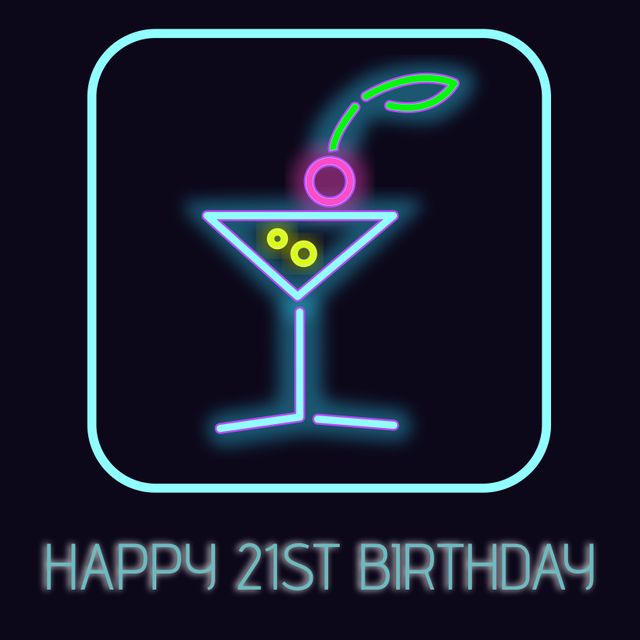 This image features a neon cocktail icon with a cherry and two olives, situated on a black background. Below the cocktail, the text 'Happy 21st Birthday' glows in vibrant neon colors. Ideal for birthday invitations, event flyers, digital greetings, and social media announcements. Perfect for bar-themed parties, nightclub events, or any 21st birthday celebration.