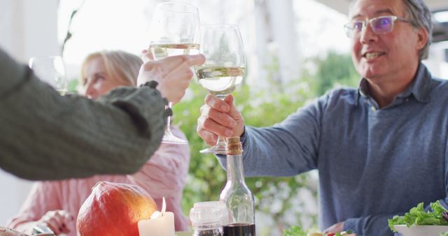 Image of happy caucasian parents and grandparents making a toast at outdoor family dinner table. Family, domestic life and togetherness concept digitally generated image.