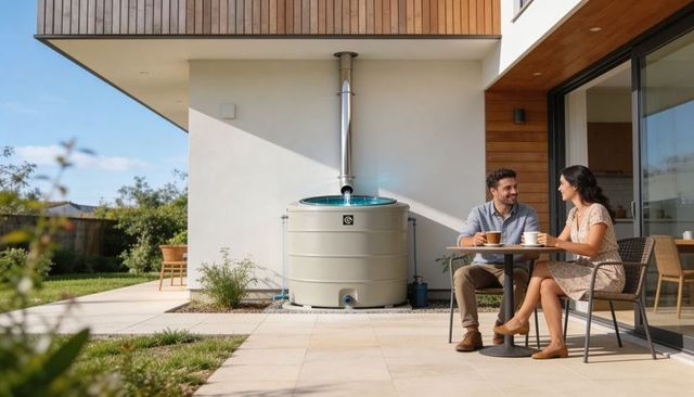 Couple enjoying coffee on modern patio beside rainwater tank and sliding glass doors