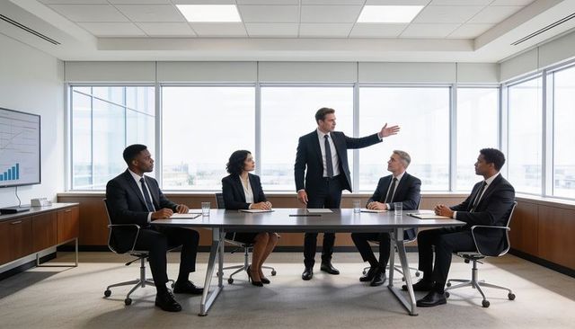 Executive leading presentation in modern boardroom while team listens to business strategy