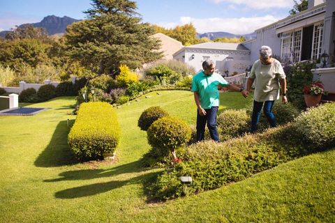 Senior Couple Walking Down Grassy Hill in Sunny Garden