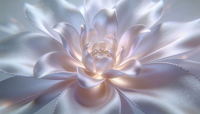 Shimmering satin bloom revealing glowing central bud with stitched petals