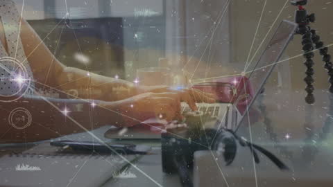 Woman Using Laptop with Futuristic Data Processing Interface