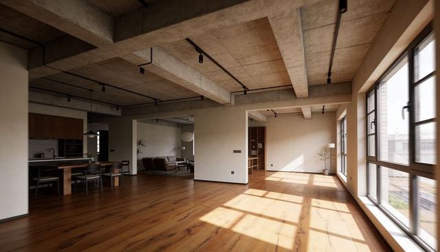 Sunlit industrial open-plan loft interior with exposed concrete beams and warm hardwood floors
