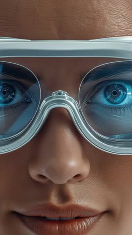 Vertical video woman calibrating AR goggles, stabilizing holograms in futuristic studio