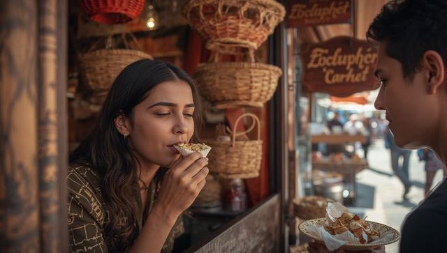Woman savoring street snack at wicker-basket market stall tasting local vendor treats