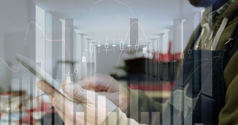 Businessman Analyzing Financial Data with Smartphone and Digital Overlay