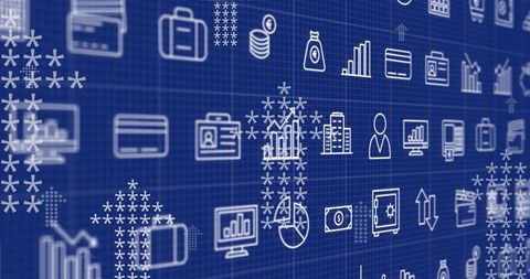 Digital Business Icons over Upwards Pattern on Blue Interface - Download Free Stock Images Pikwizard.com
