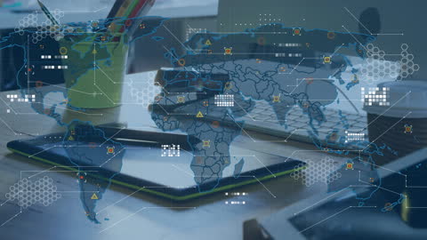 World Map Data Interface in Modern Office with Technology Devices
