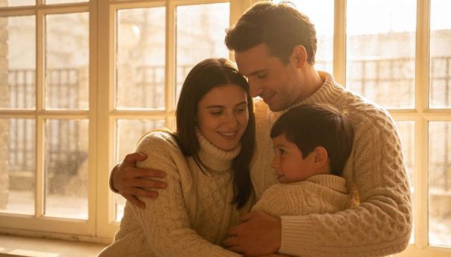Cozy family cuddling on sunlit window bench wearing matching cable knit sweaters