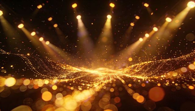 Undulating golden particle wave glowing across studio stage with cinematic spotlights