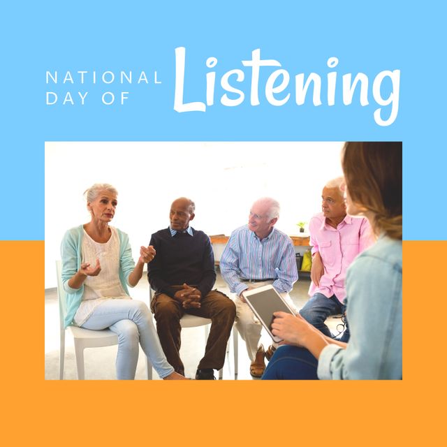 Composition of national day of listening text over senior diverse people talking. National day of listening and celebration concept digitally generated image.