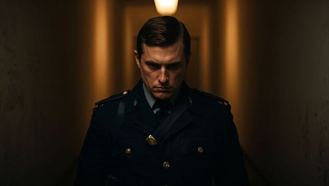 Solemn Police Officer in Uniform Standing Alone