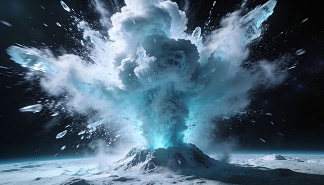 Glacial Eruption Sending Cyan Ice Plume and Vapor Across Frozen Lunar Plain