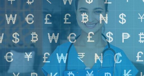 Smiling nurse in blue scrubs holding file with digital currency symbol overlay