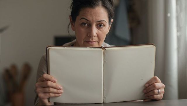 Midlife woman holding blank journal at dining table, contemplative minimalist portrait