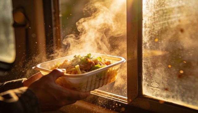 Holding steaming takeout meal at train window during golden hour commute with warm glow