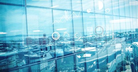 Futuristic Data Processing Over Cityscape Reflections