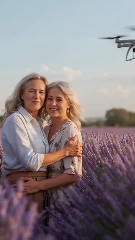 Vertical video mother and daughter hugging in lavender field at dusk while drone hovering