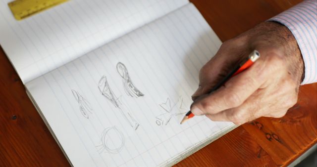 A senior Caucasian man sketches designs in a notebook, with copy space. His focus on the creative process suggests a moment of inspiration or conceptualization.