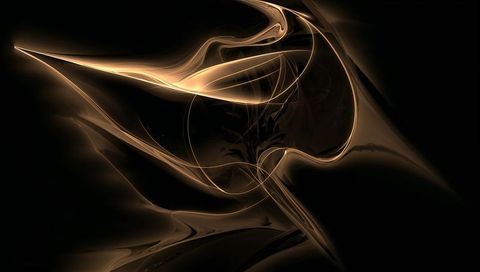 Flowing Golden Fractal Ribbons Curving Through Deep Black Void with Luminous Filaments