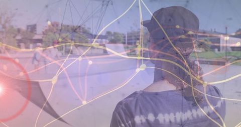 Exploring skate park with futuristic network overlay