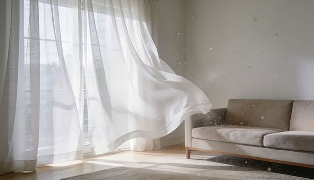 Billowing sheer curtain drifting across sunlit minimalist living room with neutral sofa