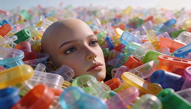 Lifelike mannequin head among colorful clear plastic pieces hinting at pollution and tech