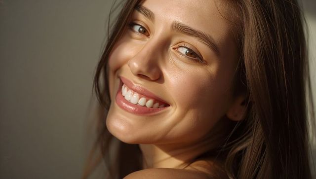 Radiant smiling woman showcasing natural beauty warm complexion and perfect teeth