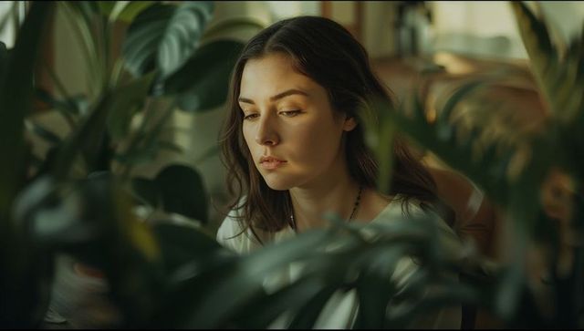Woman Reflecting Amidst Lush Houseplants in Sunlit Room