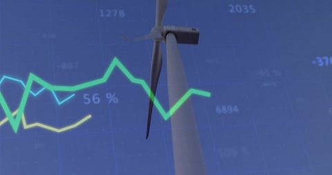 Wind turbine blending with energy analytics charts showing growth and renewable impact