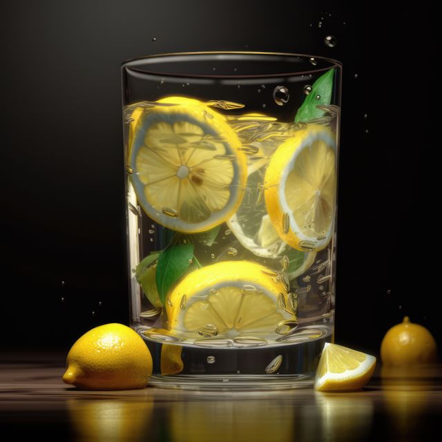 Glass of lemon juice and lemon on black background, created using generative ai technology. Juice, drink and refreshment concept digitally generated image.