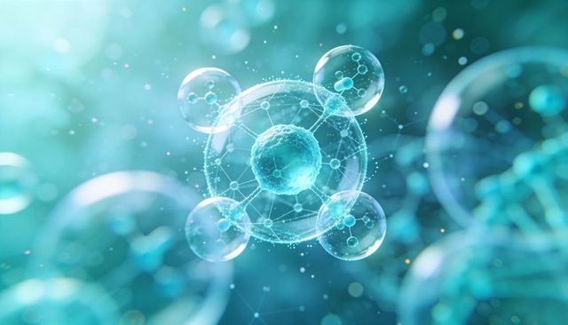 Glowing molecular network with central core and satellite spheres teal nanotech render