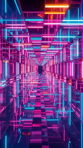 Moving through mirrored neon tunnel revealing infinite LED grid and electric reflections