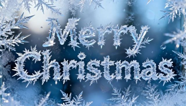 Merry christmas frosted lettering shimmering on icy window with snowflake crystals