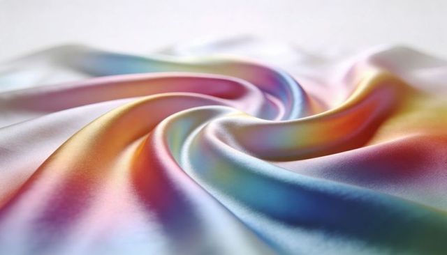 Swirling iridescent satin fabric displaying rainbow gradient and glossy silk folds